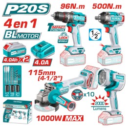 COMBO 4 EN 1. TALADRO 96NM + LLAVE 500NM + AMOLADORA + LINTERNA TOTAL
