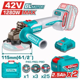 AMOLADORA INALAMBRICA 4 1/2 INDUSTRIAL 42V 1280W INCLUYE DISCOS 2 BATERIAS 2.0 AH Y CARGADOR , MOTOR SIN ESCOBILLAS INDUSTRIAL SUPER TOTAL