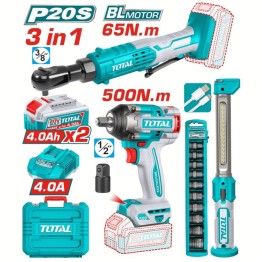 COMBO 3 EN 1. LLAVE IMPACTO 500NM + LLAVE RATCHET 65NM + LINTERNA + ACC 2X4.0AH INDUSTRIAL -