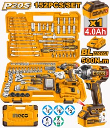 KIT SET 152 HERRAMIENTAS COMBINADAS C/LLAVE DE IMPACTO P20S 500NM CON BAT + CARGADOR EN MALETIN INGCO