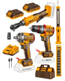 Combo 4 Herramientas Inalámbricas: Taladro Percutor de Impacto 66NM + Llave de Impacto 400NM + Llave Chicharra 65NM + Linterna + 2 Baterías 2AH + Cargador INGCO
