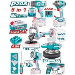 Super Combo Total 20V Pulidora Inalámbrica 7” Pulidora Orbital 10” Llave De Impacto 1/2" 400Nm Motor Sin Escobillas. Pistola De Calor 30–550 °C Lámpara 22.5W